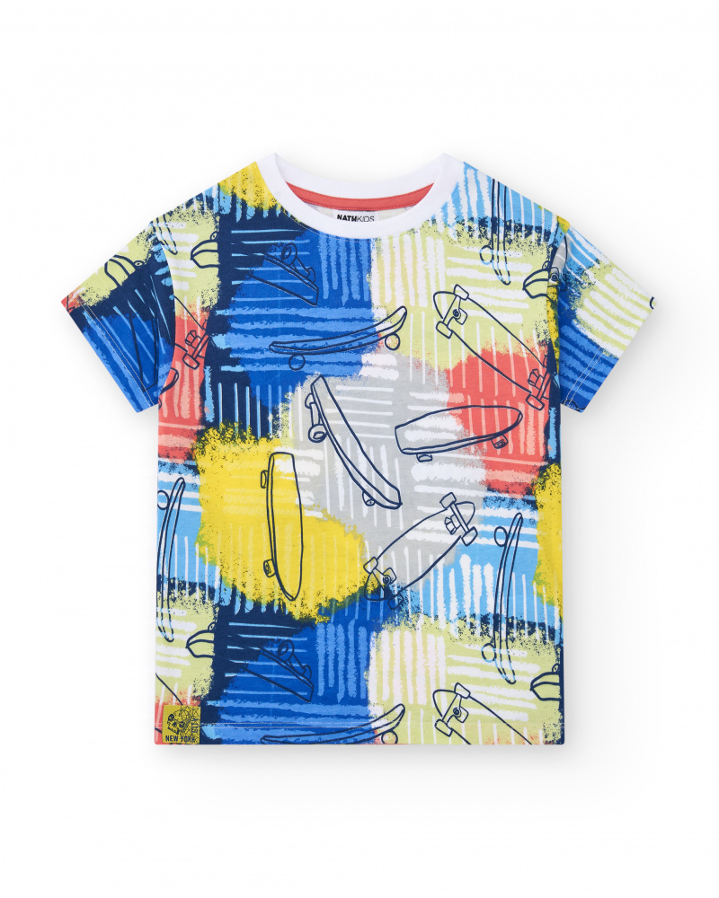 T-shirt multicolore pour garçon avec imprimé de trottinettes.