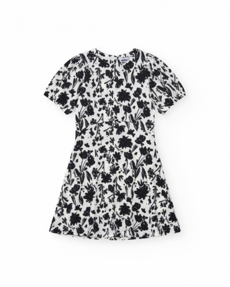 Robe pour fille en blanc et noir avec manches bouffantes et imprimé floral.