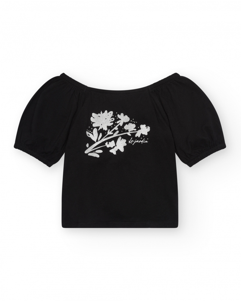 Camiseta de manga corta para niña en negro y mangas abullonadas