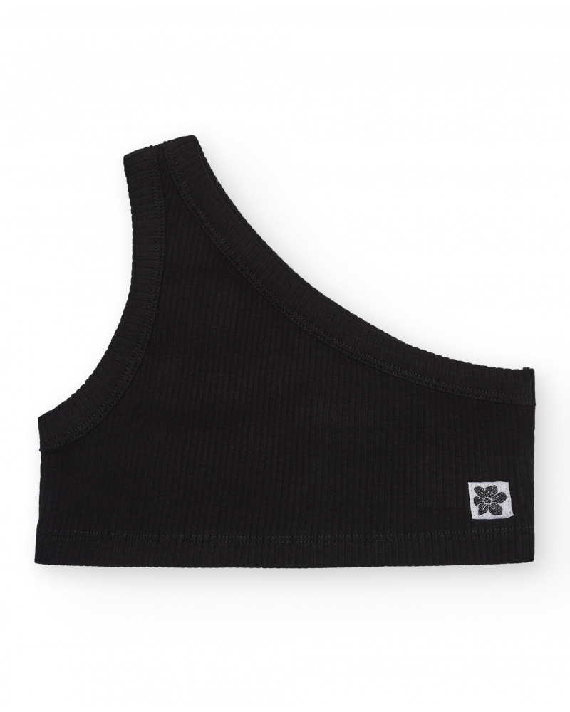 Top asymétrique pour fille en noir avec motif floral.