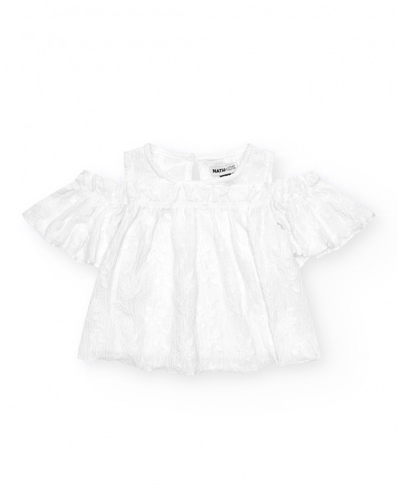 Top pour fille en blanc avec manches larges et épaules dénudées.