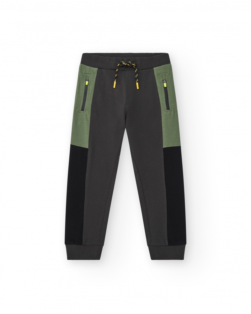 Pantalon pour garçon en gris et vert avec taille ajustable et poches.