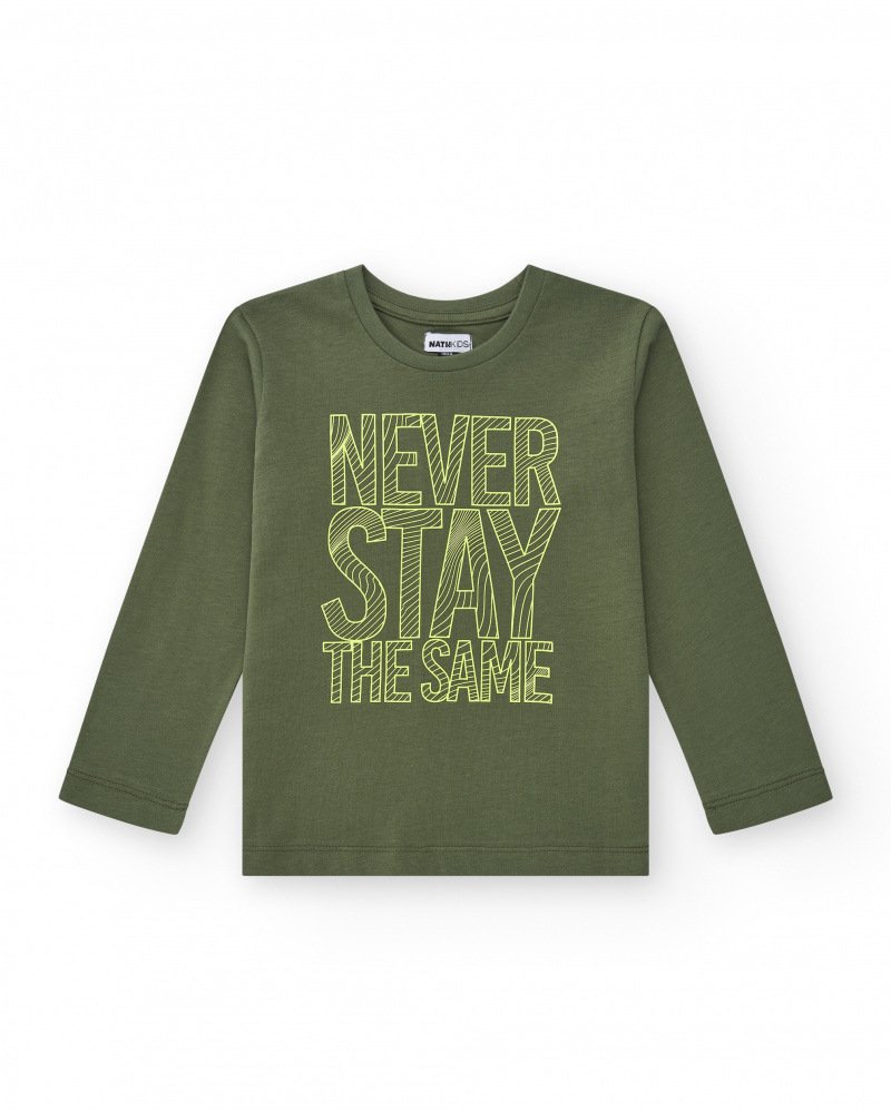 T-shirt à manches longues pour garçon en vert avec texte imprimé.