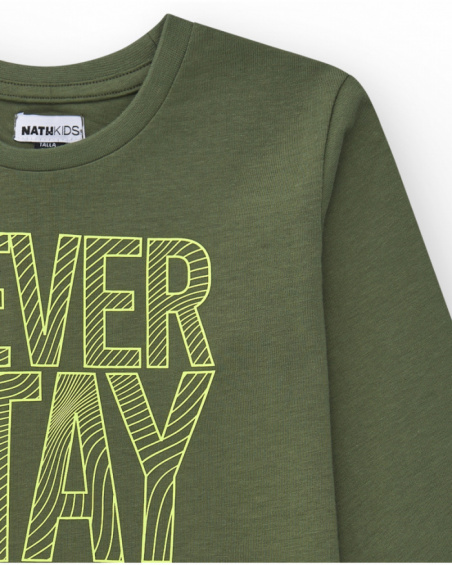 T-shirt à manches longues pour garçon en vert avec texte imprimé.