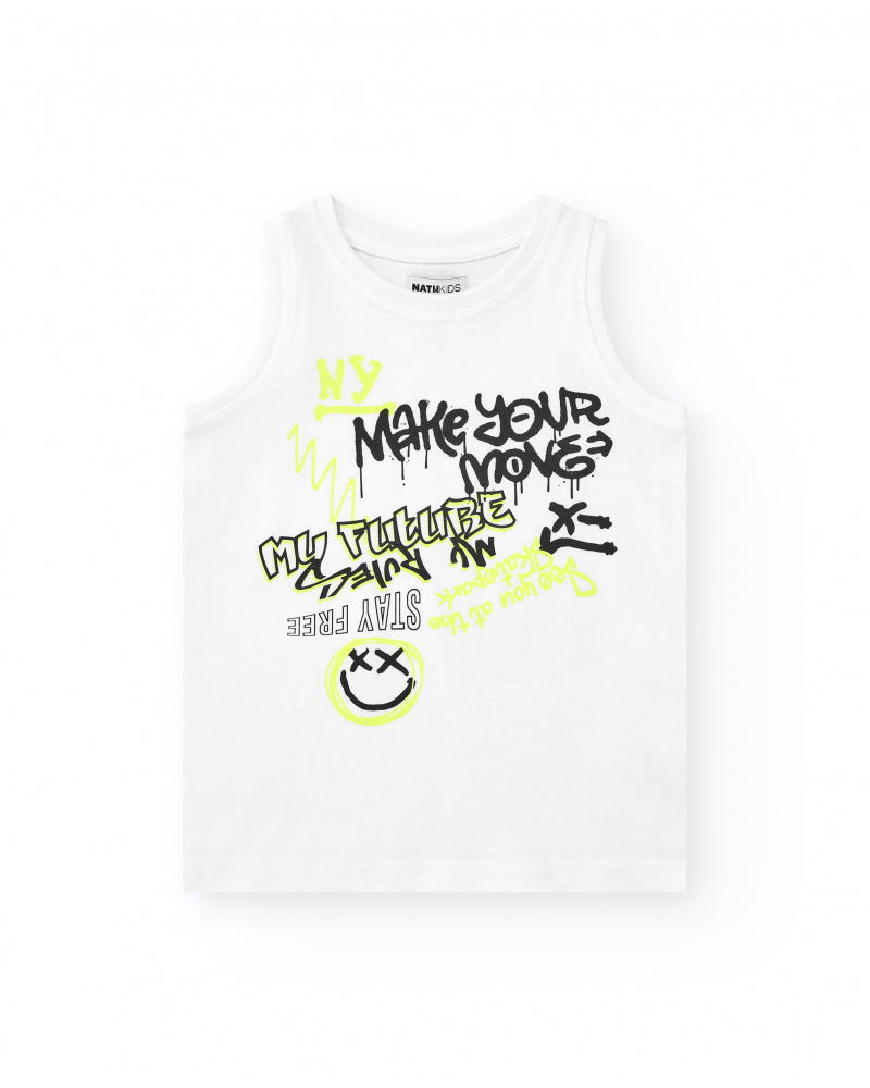 Débardeur pour garçon en blanc avec message imprimé.