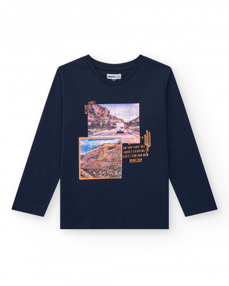 T-shirt à manches longues pour garçon en bleu avec design sur les aventures.