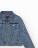 Veste en jean pour fille en bleu avec détails brillants et poches frontales