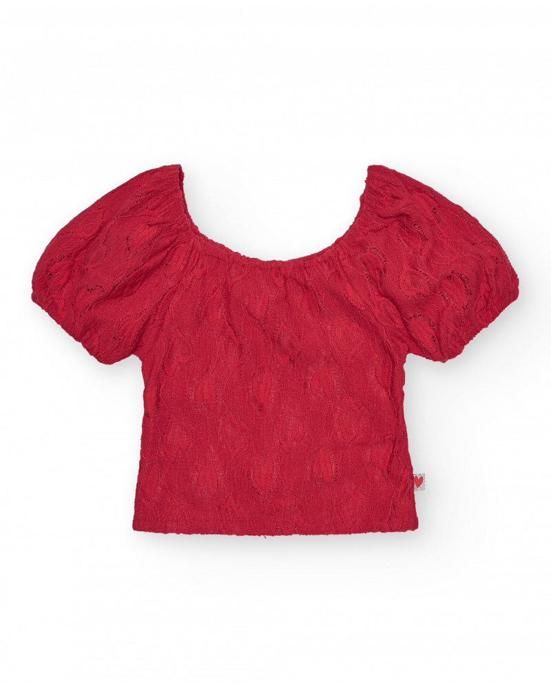 T-shirt à manches courtes pour fille en rouge avec col et manches bouffantes.