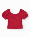 T-shirt à manches courtes pour fille en rouge avec col et manches bouffantes.