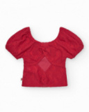 T-shirt à manches courtes pour fille en rouge avec col et manches bouffantes.