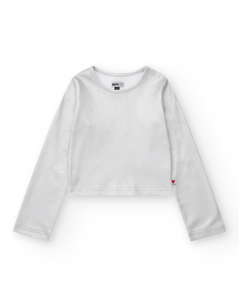 T-shirt à manches longues pour fille en argenté avec finition brillante.