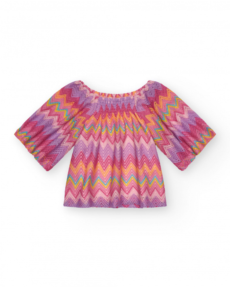 Blouse pour fille multicolore imprimée avec manches trois-quarts.