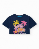 T-shirt pour fille en bleu, manches courtes avec imprimé tropical.