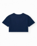 T-shirt pour fille en bleu, manches courtes avec imprimé tropical.
