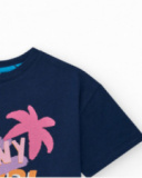 T-shirt pour fille en bleu, manches courtes avec imprimé tropical.