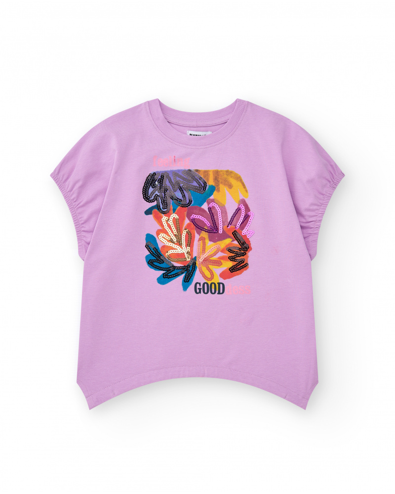 T-shirt pour fille en lilas avec sequins et ourlet courbé.