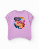 T-shirt pour fille en lilas avec sequins et ourlet courbé.
