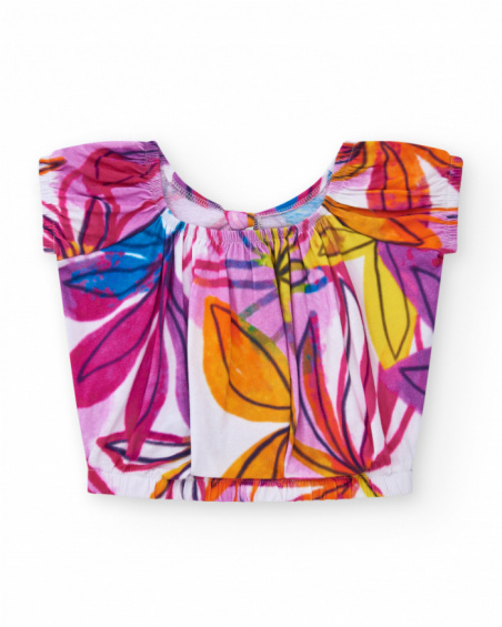 T-shirt pour fille en blanc avec imprimé tropical et nœud dans le dos.