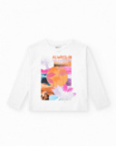 T-shirt pour fille en blanc, manches longues avec imprimé tropical.