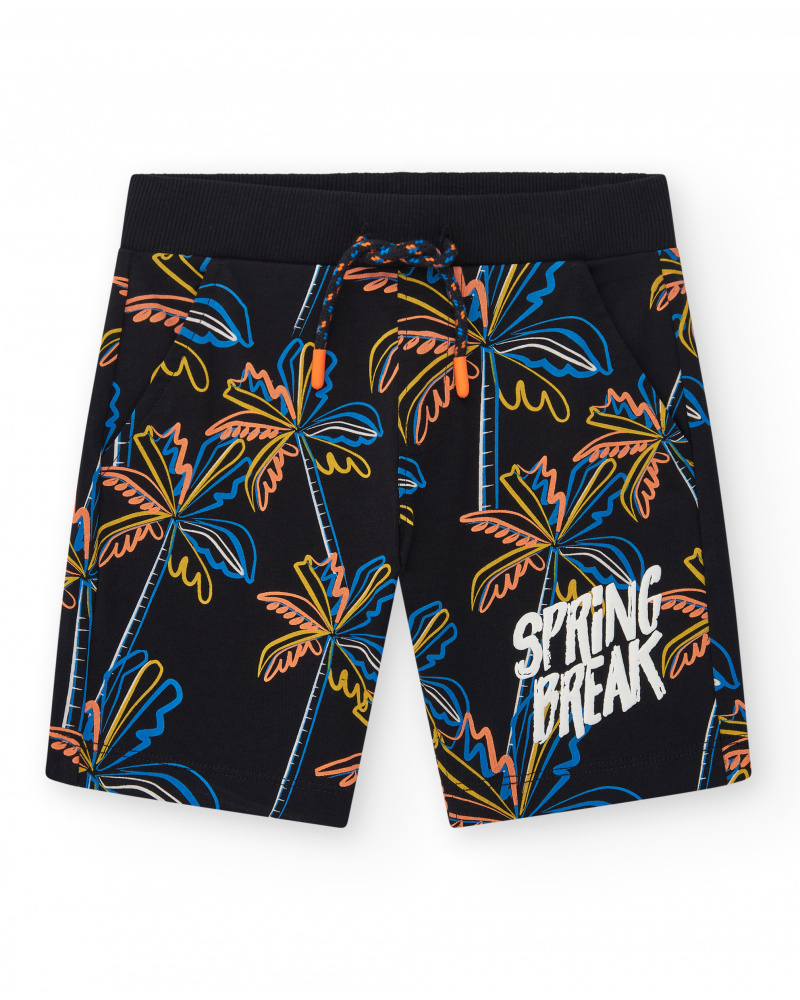 Bermuda pour garçon en noir avec imprimé tropical et taille élastique.
