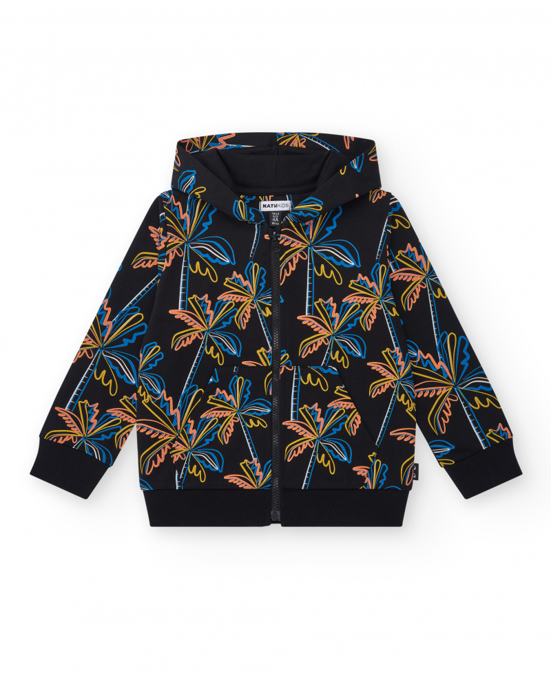 Sweat-shirt pour garçon en noir avec capuche et fermeture éclair.