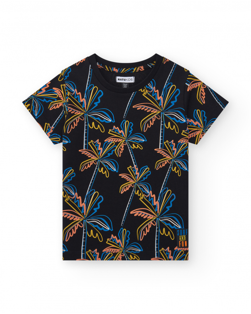 T-shirt pour garçon en noir avec imprimé tropical.
