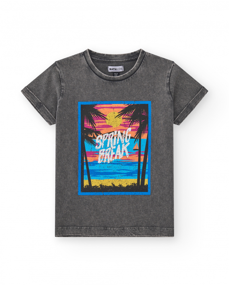 T-shirt pour garçon en gris avec imprimé tropical.