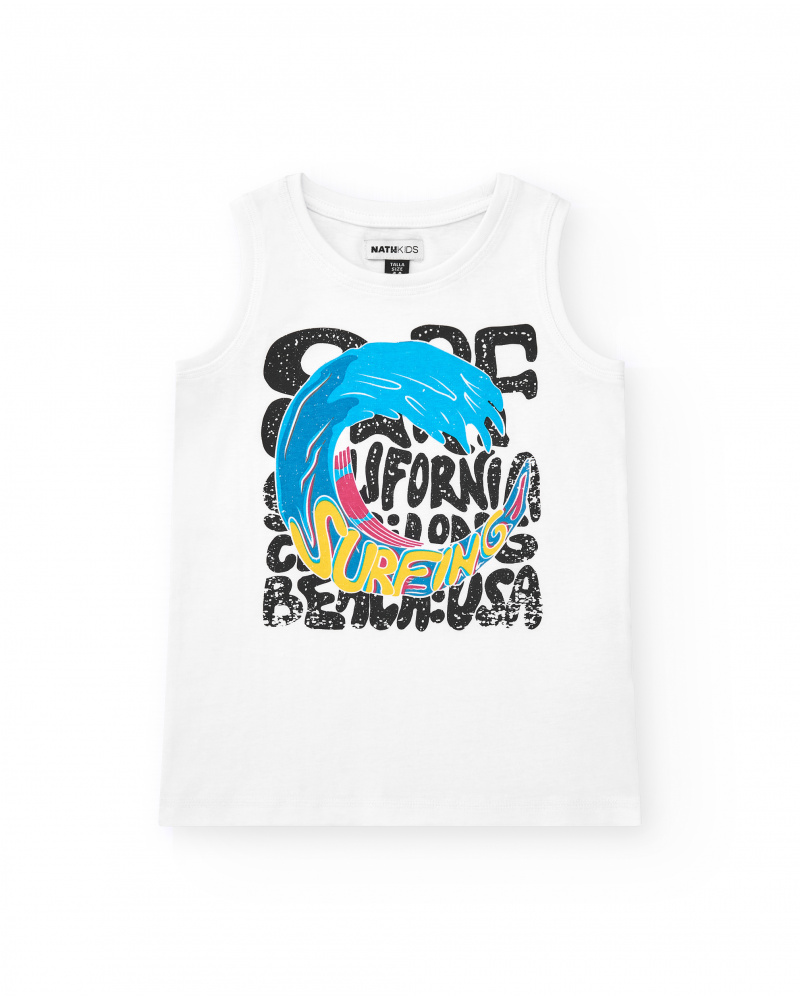 T-shirt pour garçon en blanc avec graphique de vague et lettres noires.