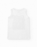 T-shirt pour garçon en blanc avec graphique de vague et lettres noires.