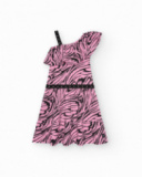 Robe pour fille en rose et noir avec design asymétrique et détails appliqués.