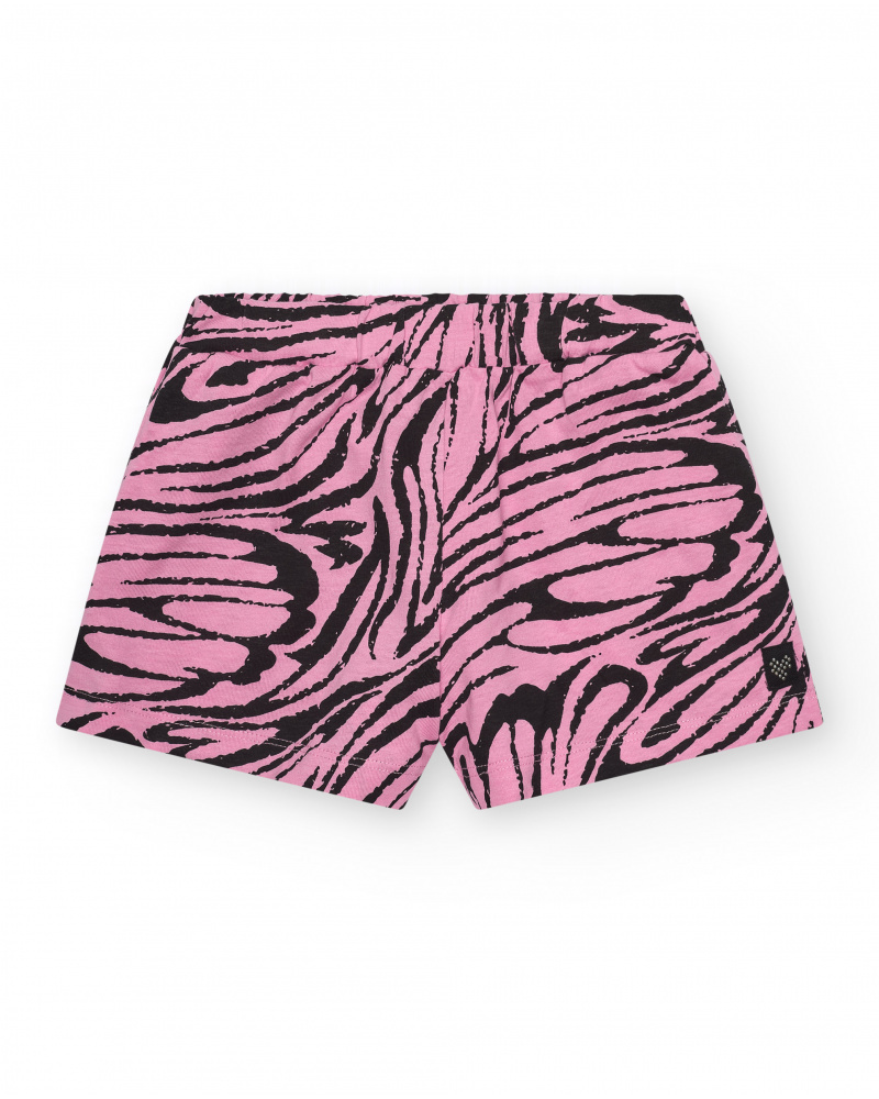 Short pour fille en rose avec imprimé animal et taille élastique.