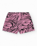 Short pour fille en rose avec imprimé animal et taille élastique.