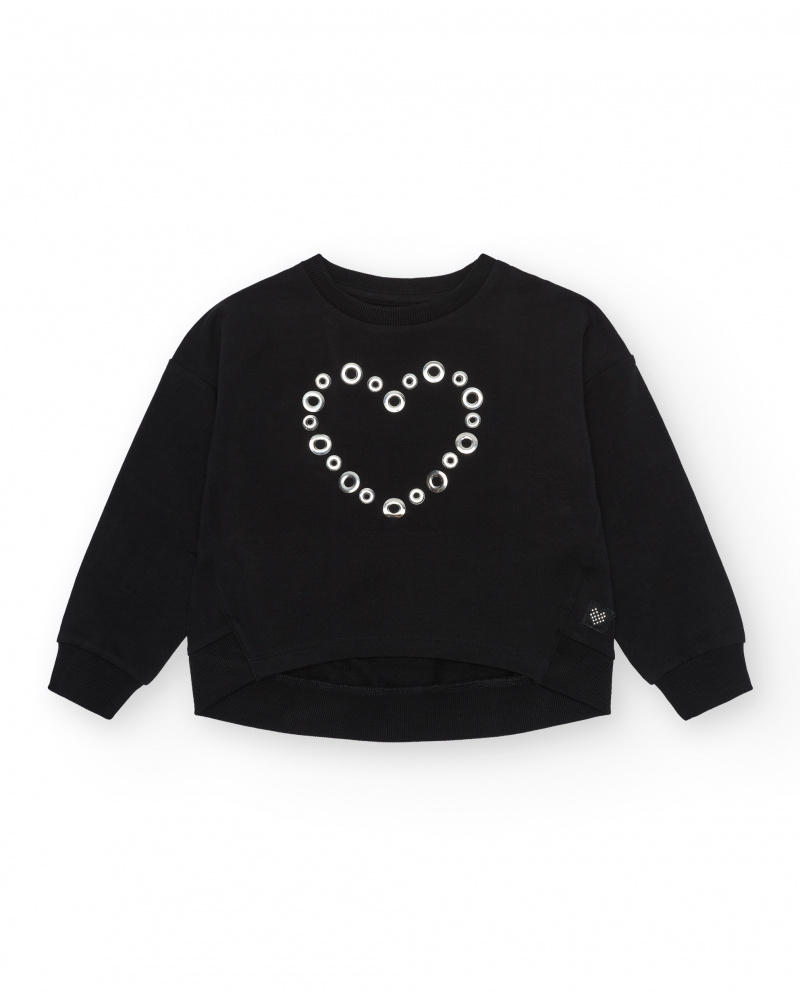 Sweat-shirt pour fille en noir, à manches longues, avec un cœur en appliques.