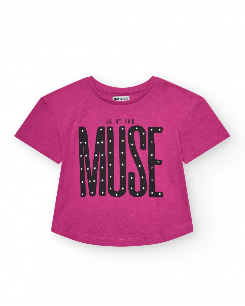 T-shirt pour fille en rose, à manches courtes, avec message sur le devant.