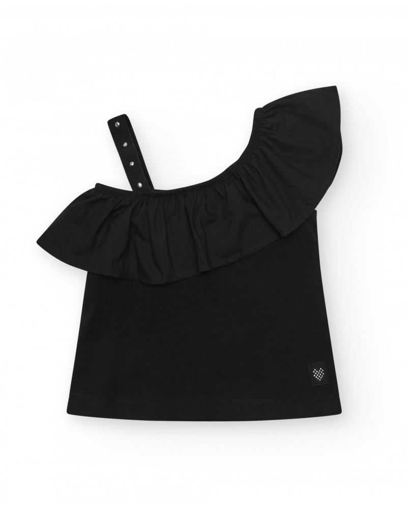 Top pour fille en noir avec design asymétrique et clous métalliques.