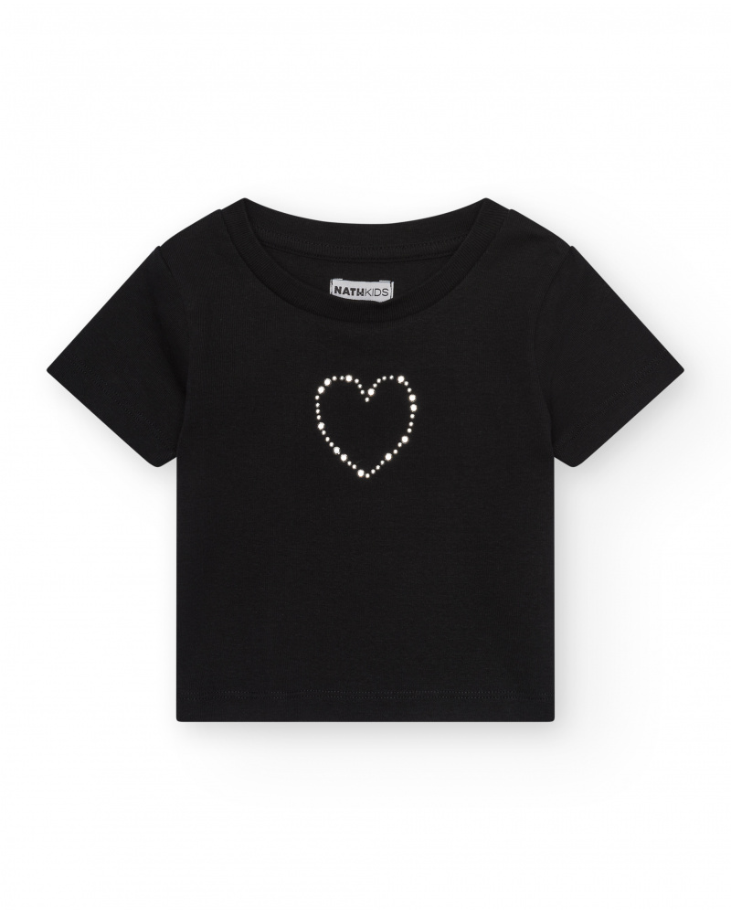 T-shirt pour fille en noir, à manches courtes, avec un cœur brillant.