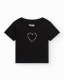 T-shirt pour fille en noir, à manches courtes, avec un cœur brillant.