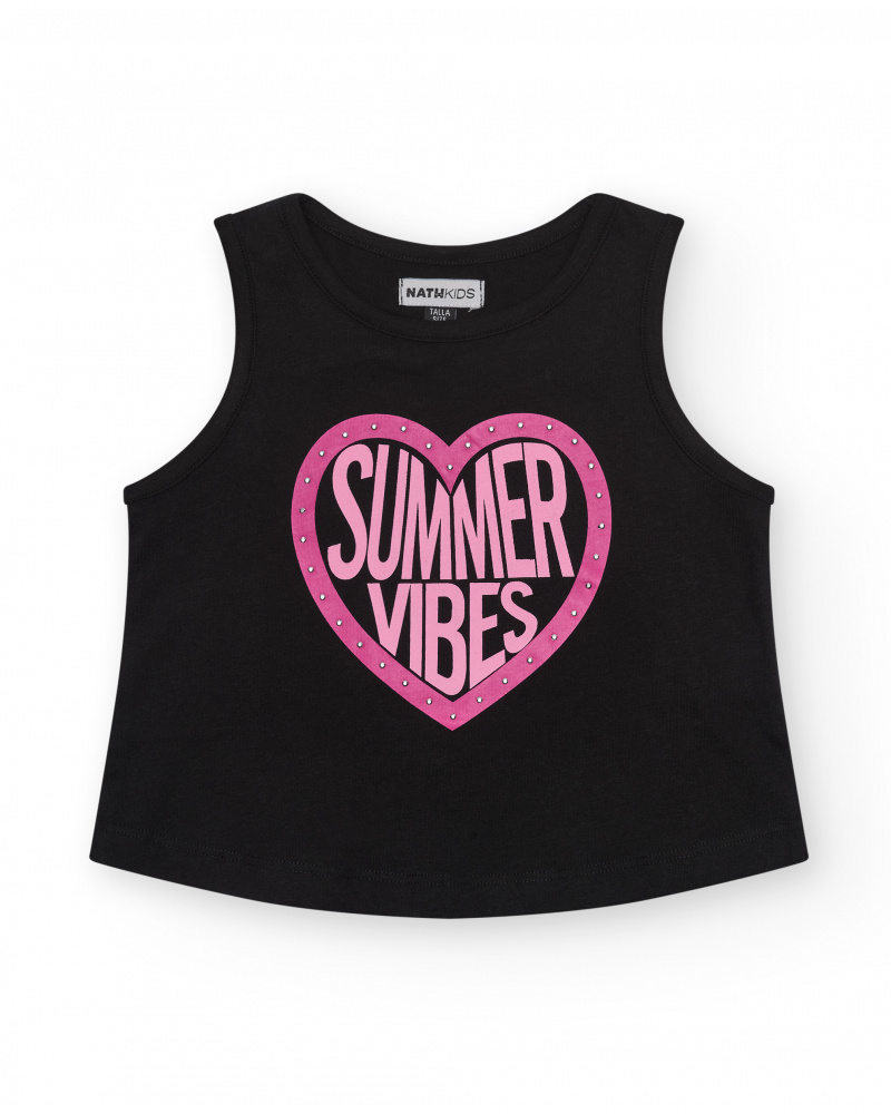 T-shirt pour fille en noir, sans manches, avec imprimé sur le devant.