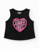 T-shirt pour fille en noir, sans manches, avec imprimé sur le devant.