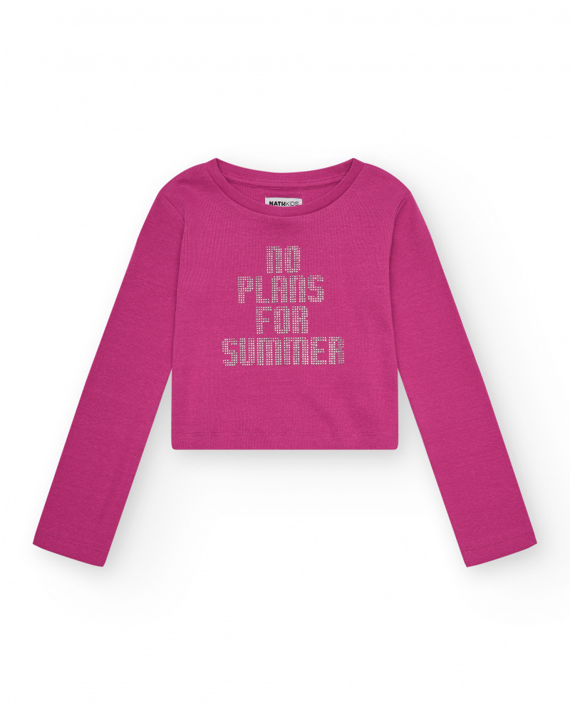 T-shirt pour fille en rose, à manches longues, avec message sur le devant.