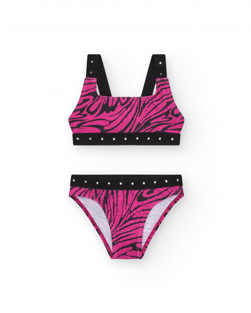 Bikini pour fille en rose avec imprimé animal et clous métalliques.