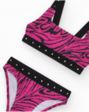 Bikini pour fille en rose avec imprimé animal et clous métalliques.