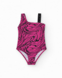 Maillot de bain pour fille en rose avec imprimé animal et design asymétrique.