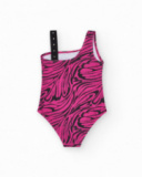 Maillot de bain pour fille en rose avec imprimé animal et design asymétrique.