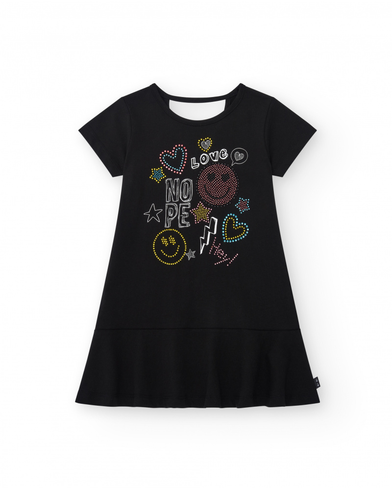 Robe pour fille en noir, à manches courtes, décorée avec des appliques colorées.