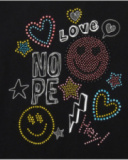 Robe pour fille en noir, à manches courtes, décorée avec des appliques colorées.