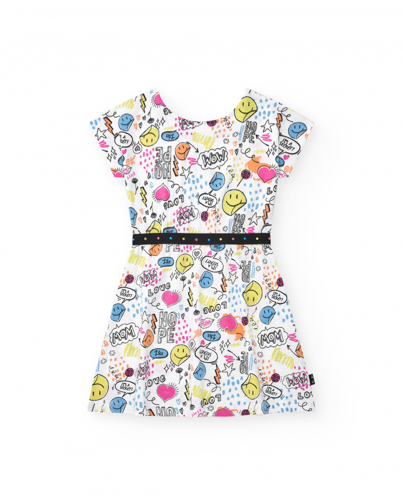 Robe pour fille en blanc avec ceinture décorative et imprimé sur le devant.