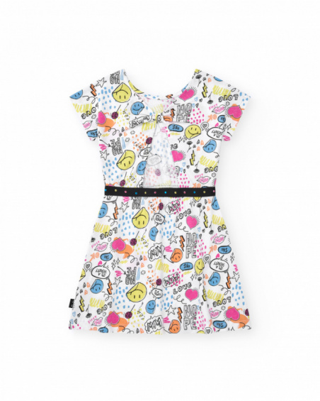 Robe pour fille en blanc avec ceinture décorative et imprimé sur le devant.