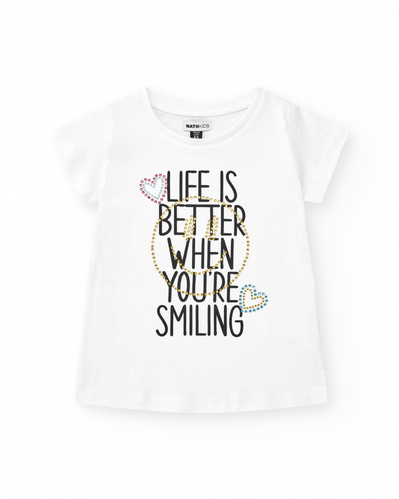 T-shirt pour fille en blanc, à manches courtes, avec détails brillants.