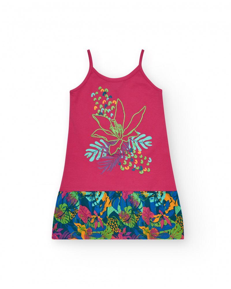 Robe pour fille en rose avec imprimé tropical et fleur brodée.